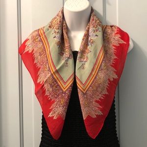 Cacharel scarf 25x26” red border Japan silk/vinal